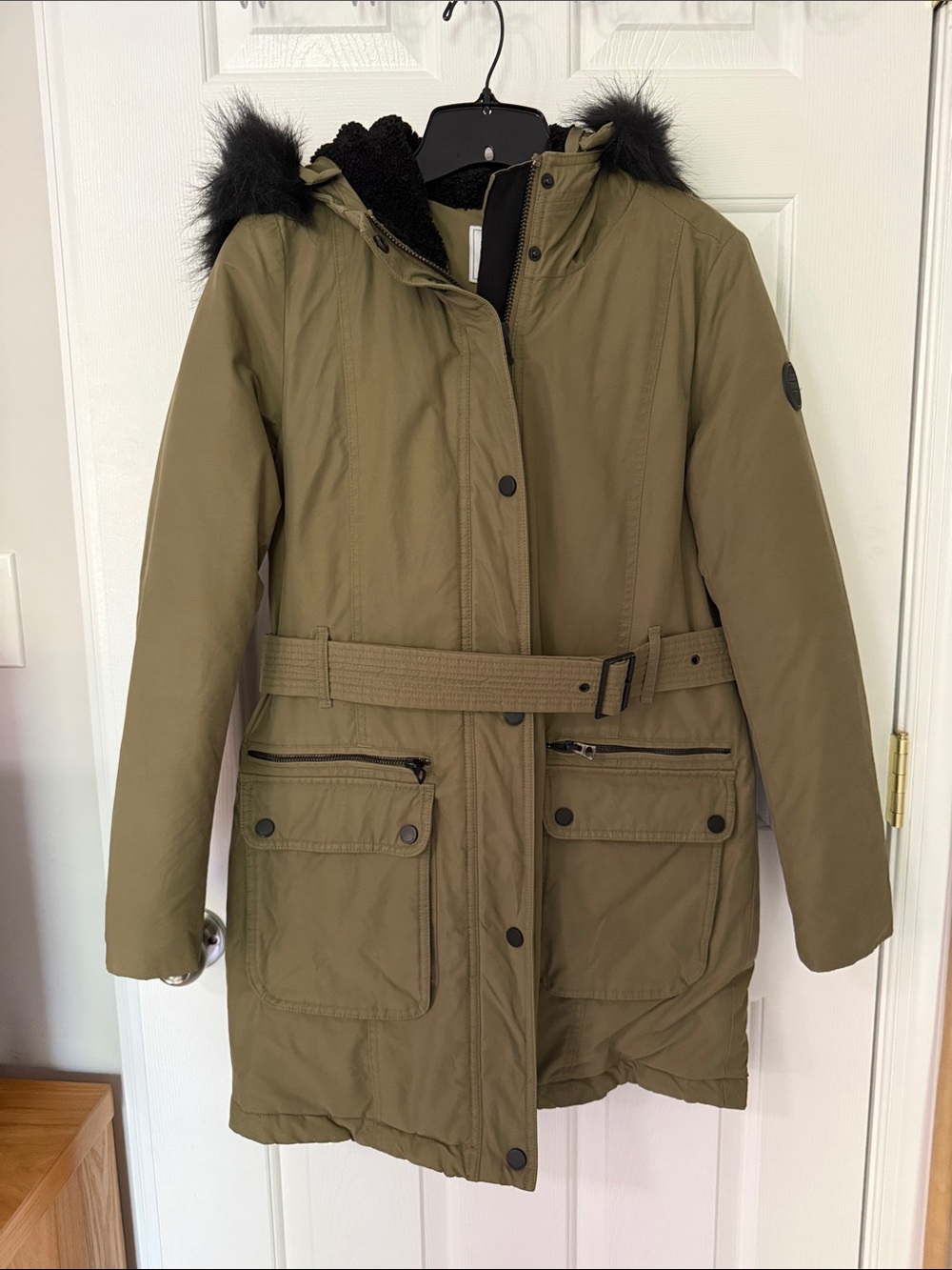 Lucky Brand Women's Olive Green Belted Mid length Parka w/ Faux Fur Hood Small
